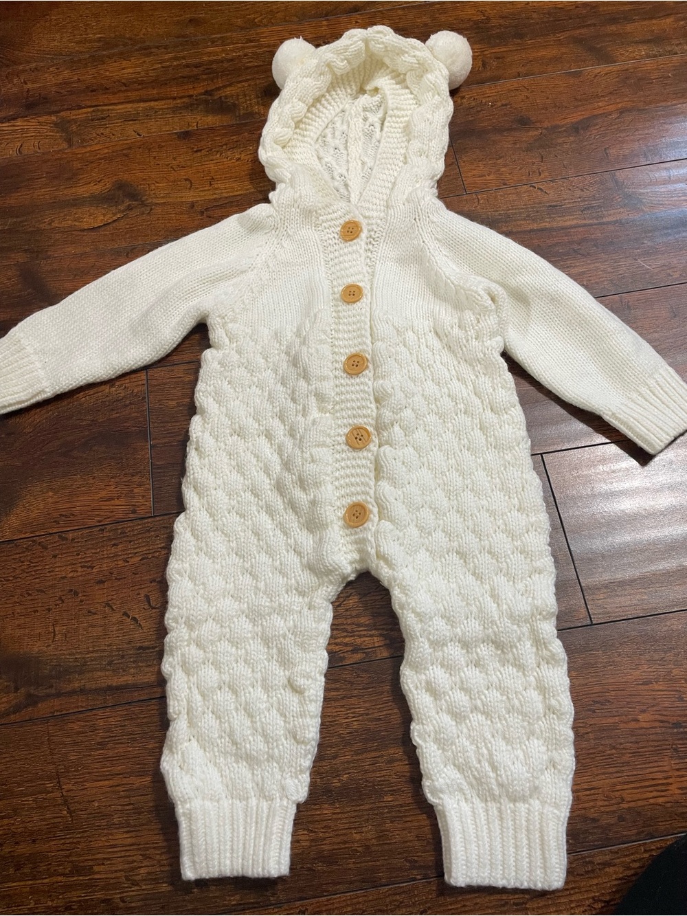 Cozy Knit Ivory Baby One-Piece Romper with Hood